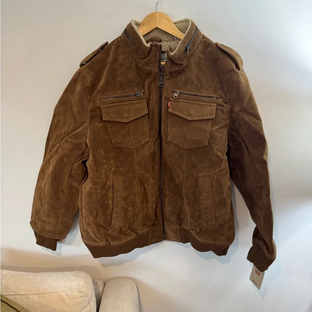 Levi’s Men's Faux Suede Aviator Bomber Jacket w/ Sherpa Lining- Cognac, NWT - Picture 2 of 8